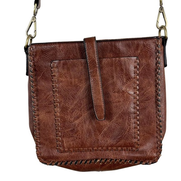 Antik Kraft Handbags - Antik Kraft | Anthropologie Vegan Leather Crossbody Bag Purse Distressed Cognac